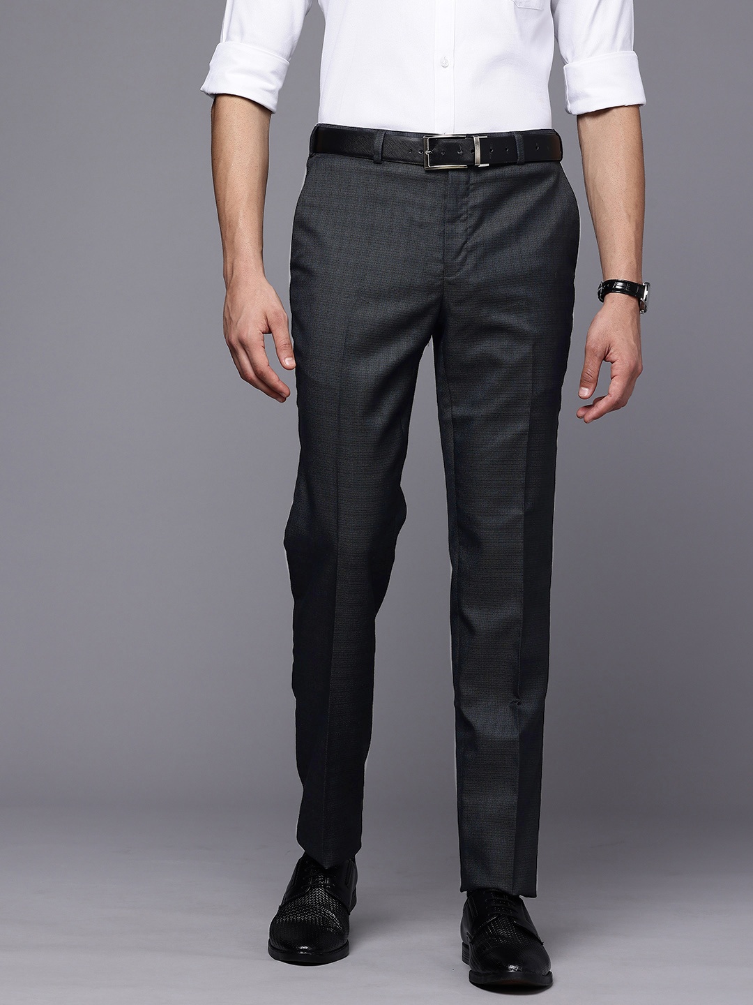 

Raymond Men Self Design Textured Slim Fit Formal Trousers, Blue