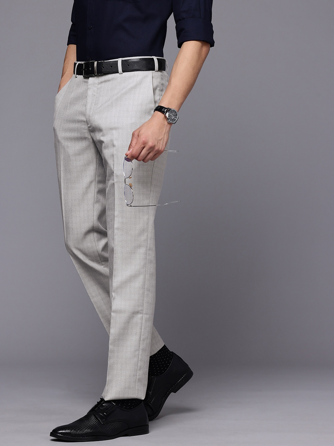 

Raymond Men Slim Fit Self-Design Checked Formal Trousers, Grey