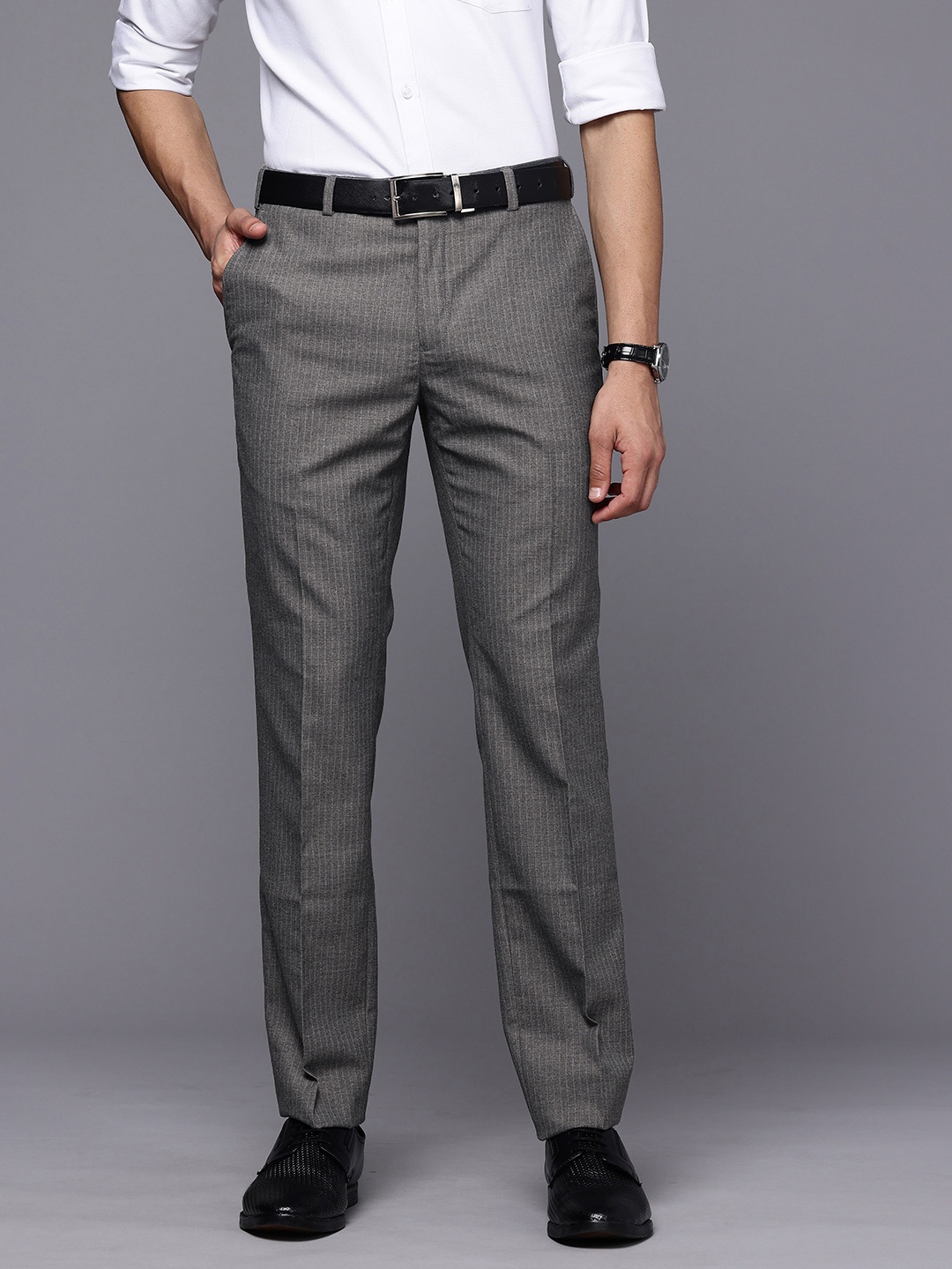 

Raymond Men Striped Slim Fit Formal Trousers, Grey