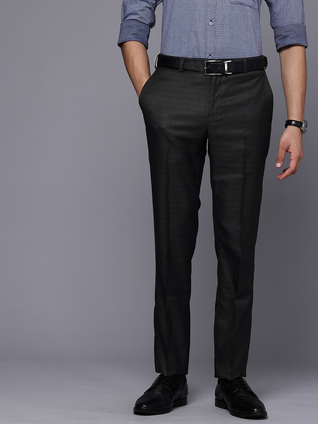 

Raymond Men Self Design Textured Slim Fit Formal Trousers, Black