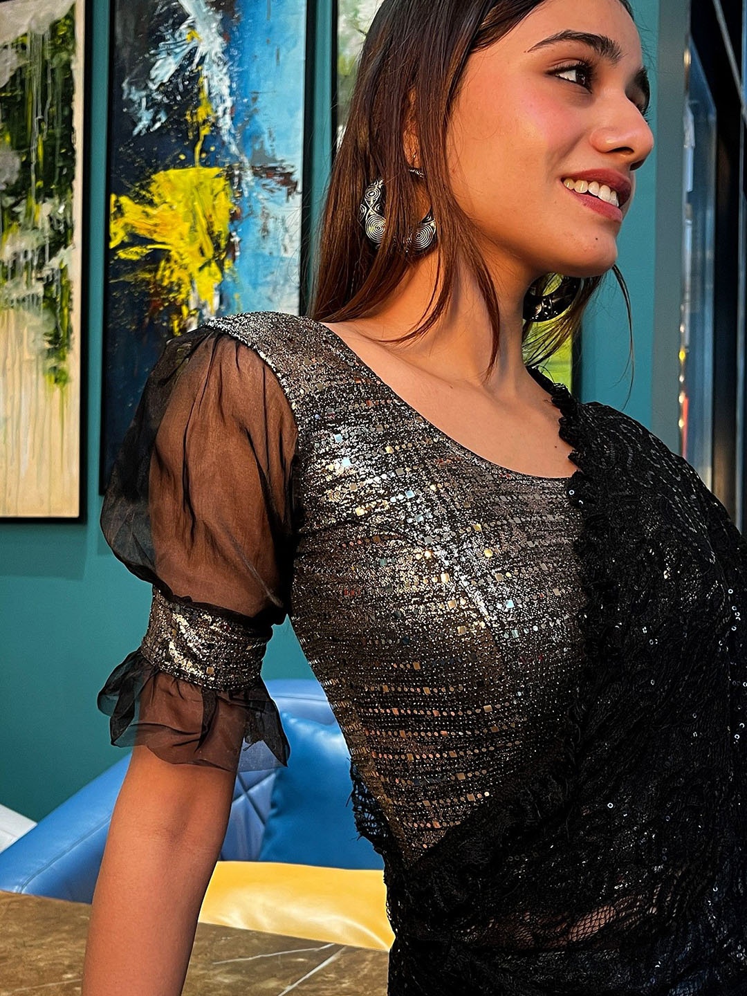 

Bindigasm's Advi Embellished Round Neck Stretchable Saree Blouse, Grey