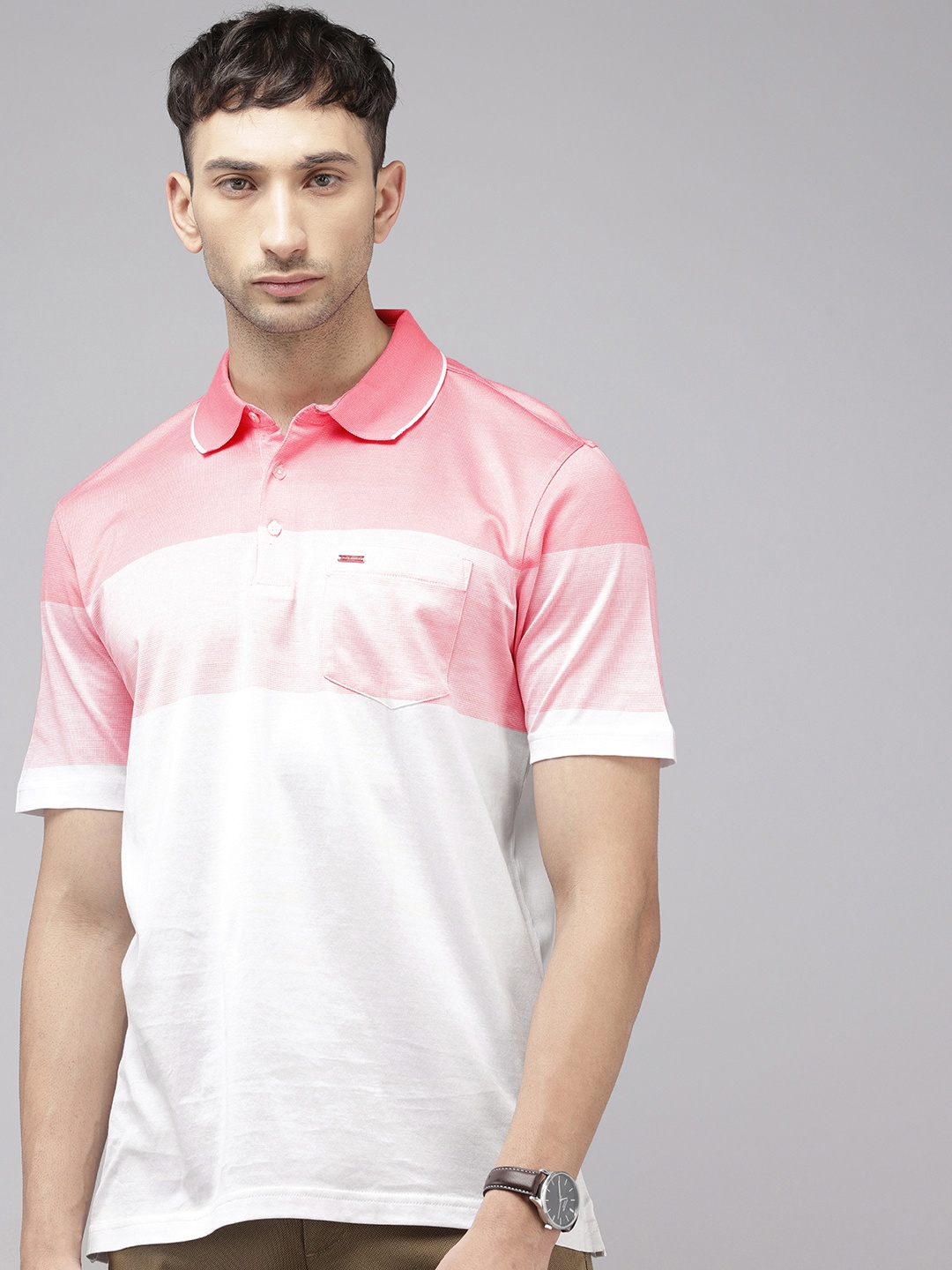 

Park Avenue Slim Fit Striped Polo Collar Pure Cotton T-shirt, Pink