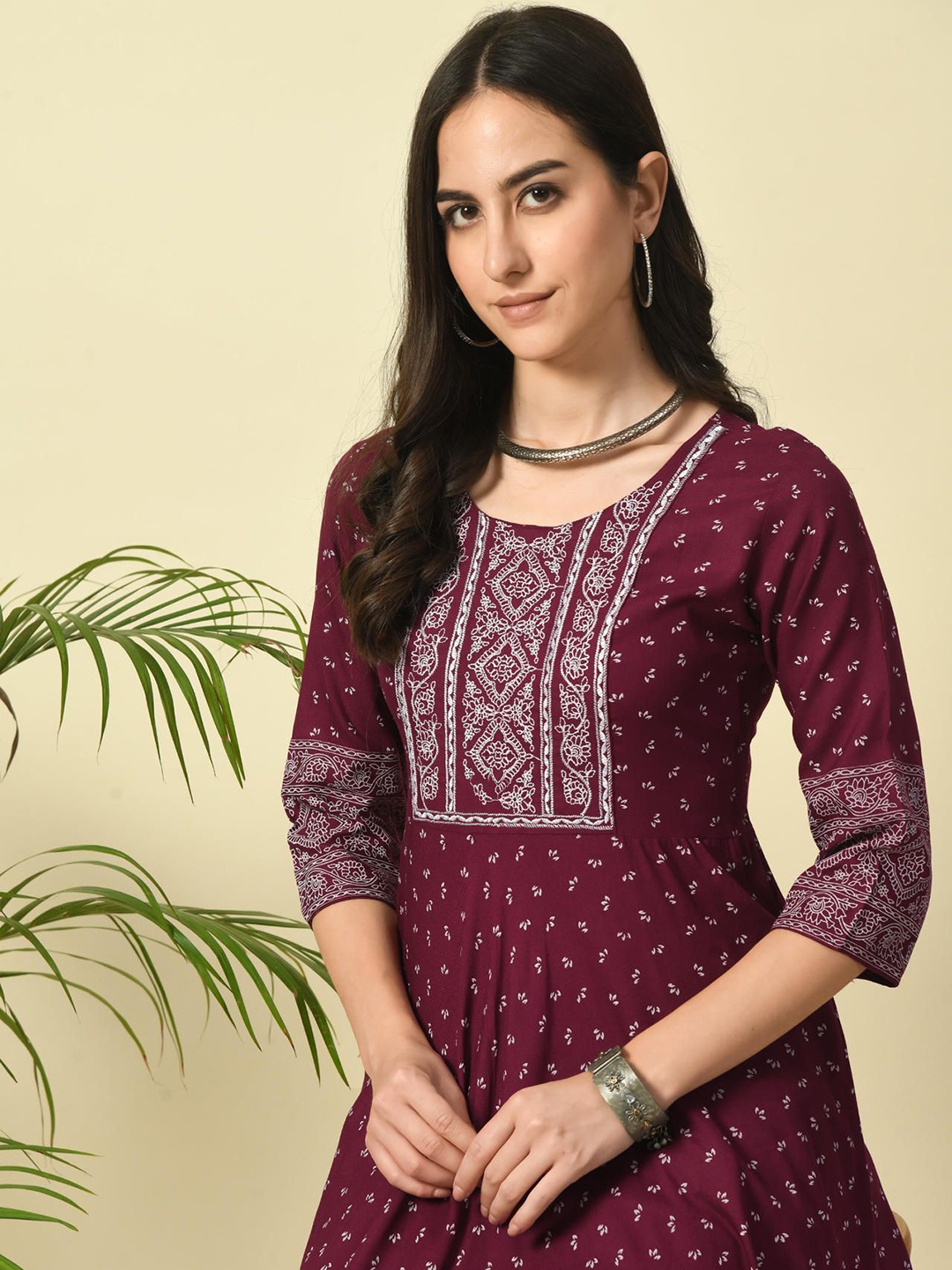 GLOWWORLD Floral Printed Thread Work A-Line Kurta, Maroon