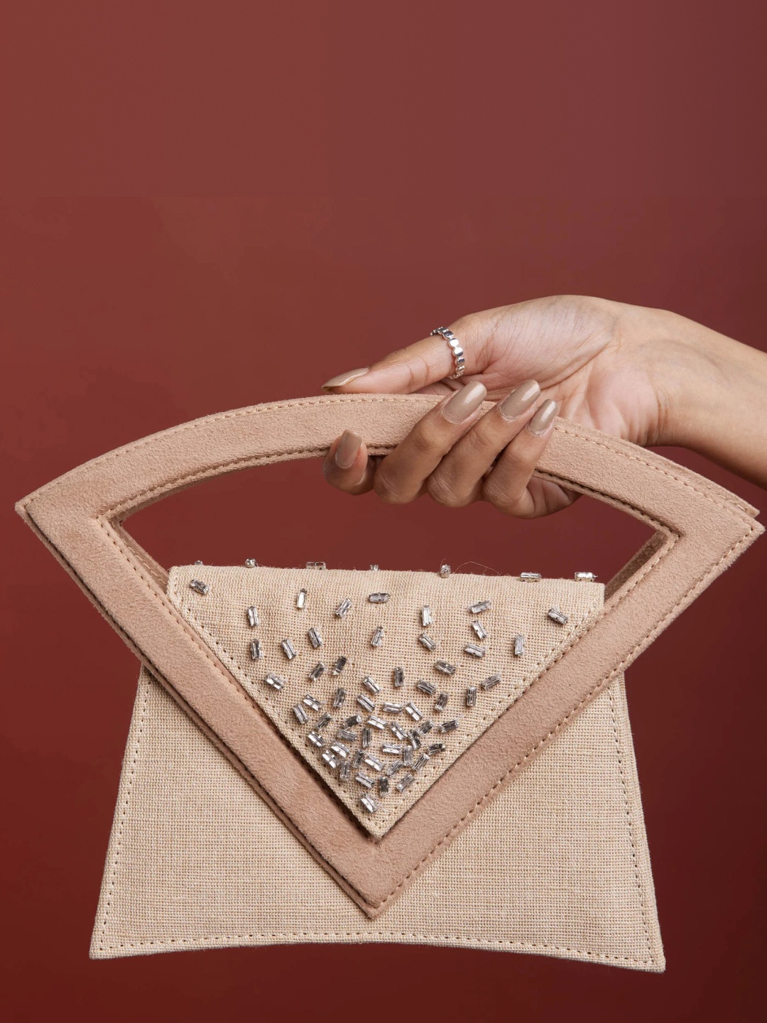 

CAI Women Embellished Structured Handheld Bag, Beige