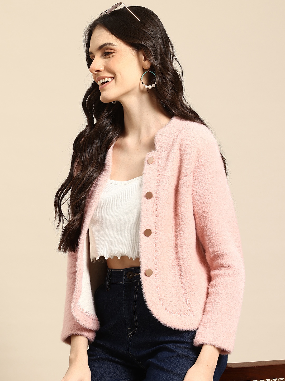 

Mast & Harbour Boucle Woollen Cardigan with Embellished Detail, Peach