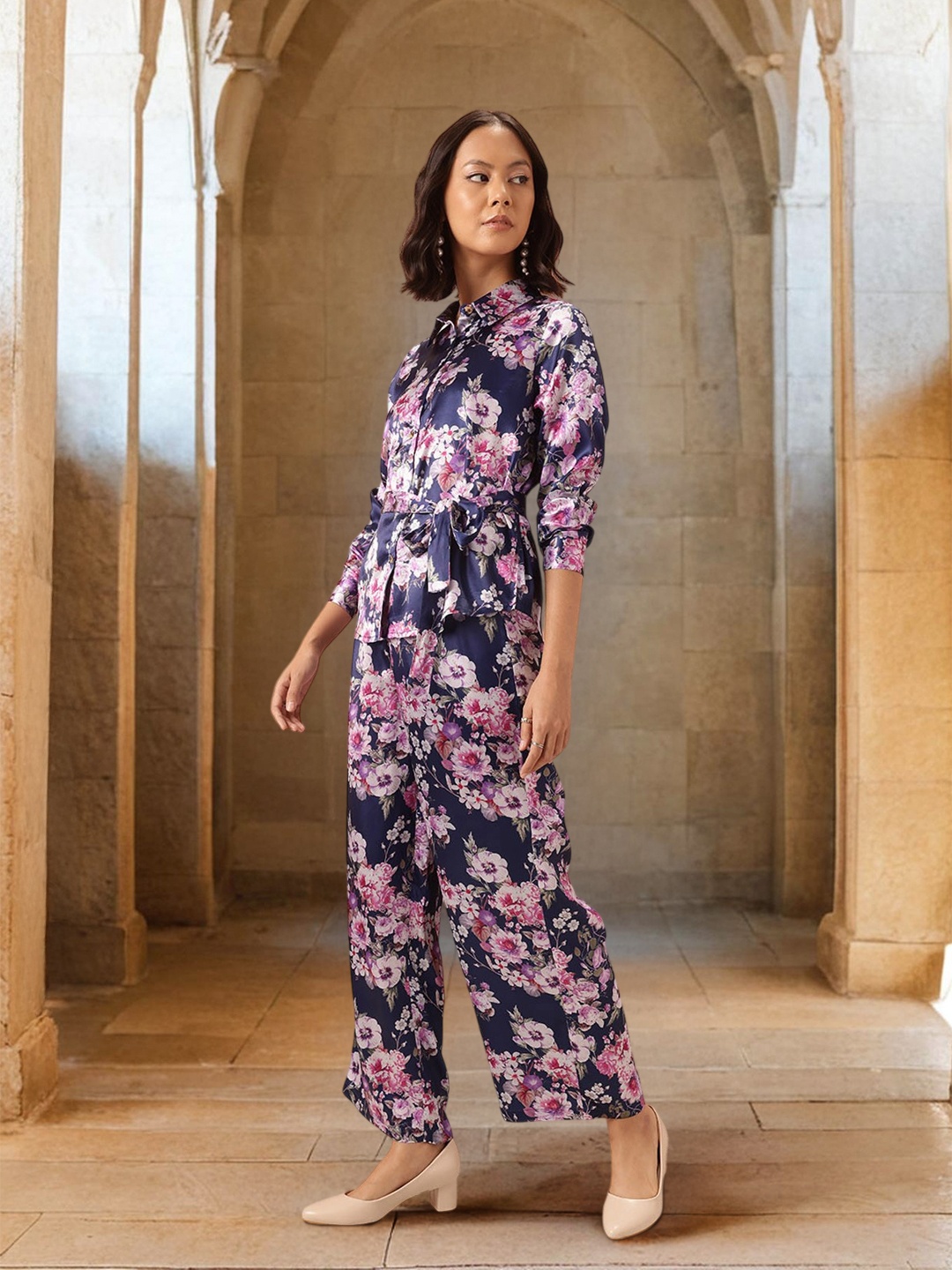 

all about you Floral Printed Co-Ords with Tie-Up Belt, Navy blue