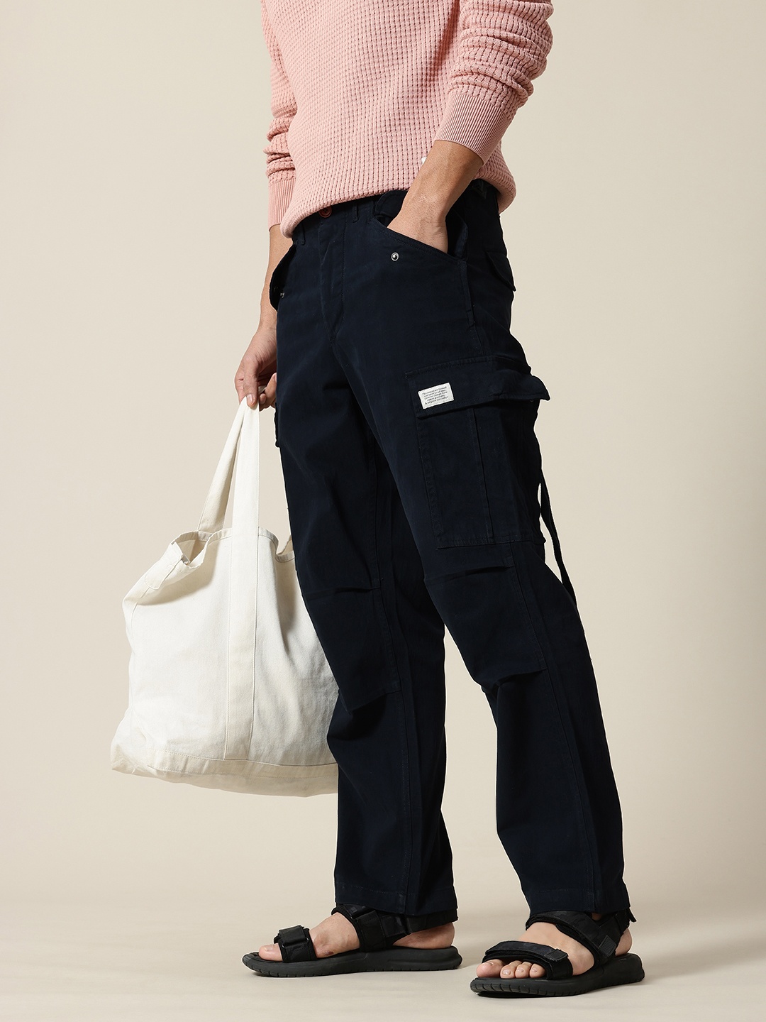 

Mr Bowerbird Men Smart Loose Fit Easy Wash Cargos Trousers, Navy blue
