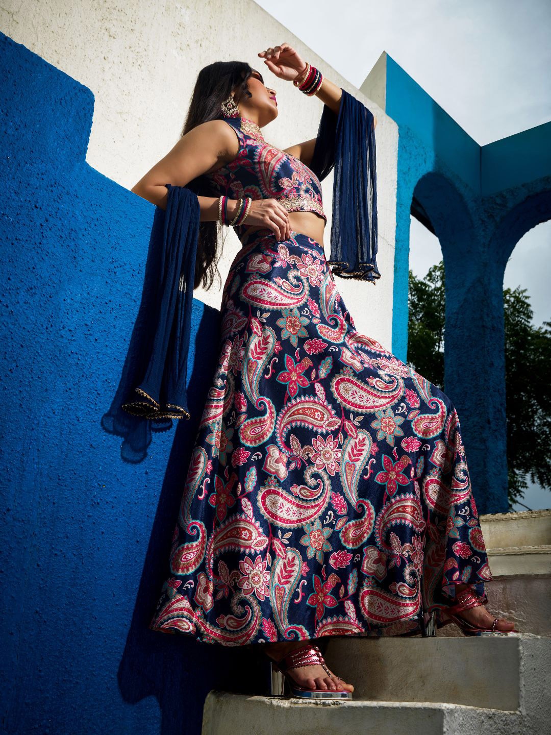 

Globus Floral Printed Ready To Wear Lehanga With Choli & Choker Dupatta, Blue