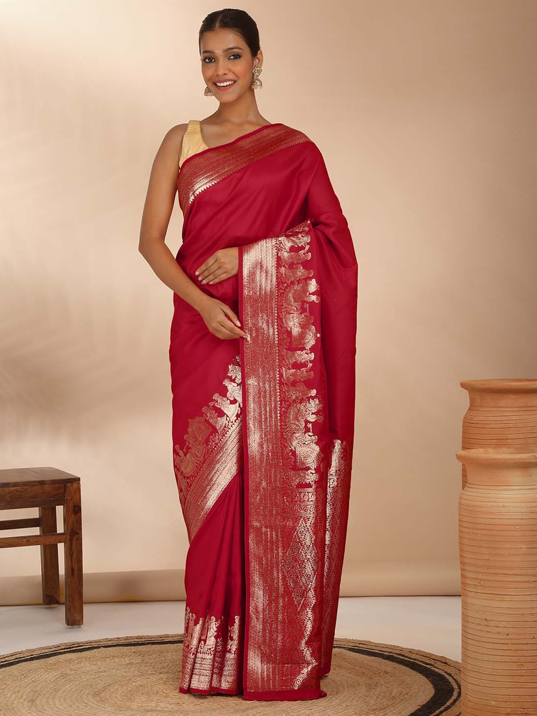

Likha Women Woven Design Ethnic Motifs Zari Saree, Red