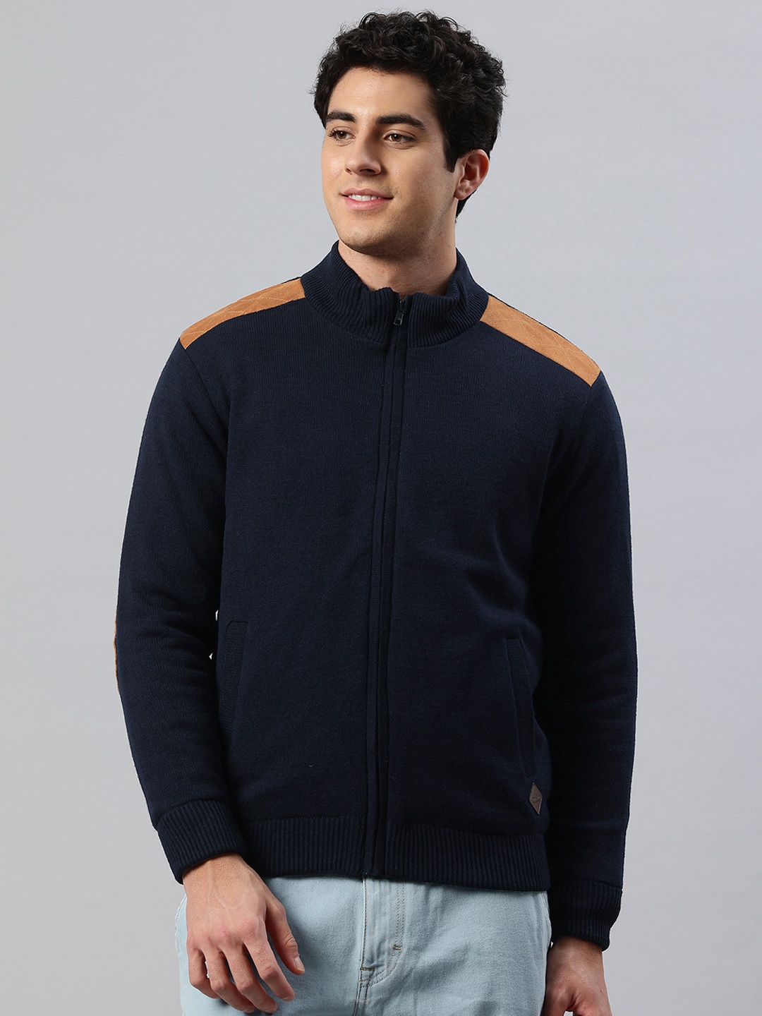 

Pierre Carlo Men Open Front Jacket with Patchwork, Navy blue