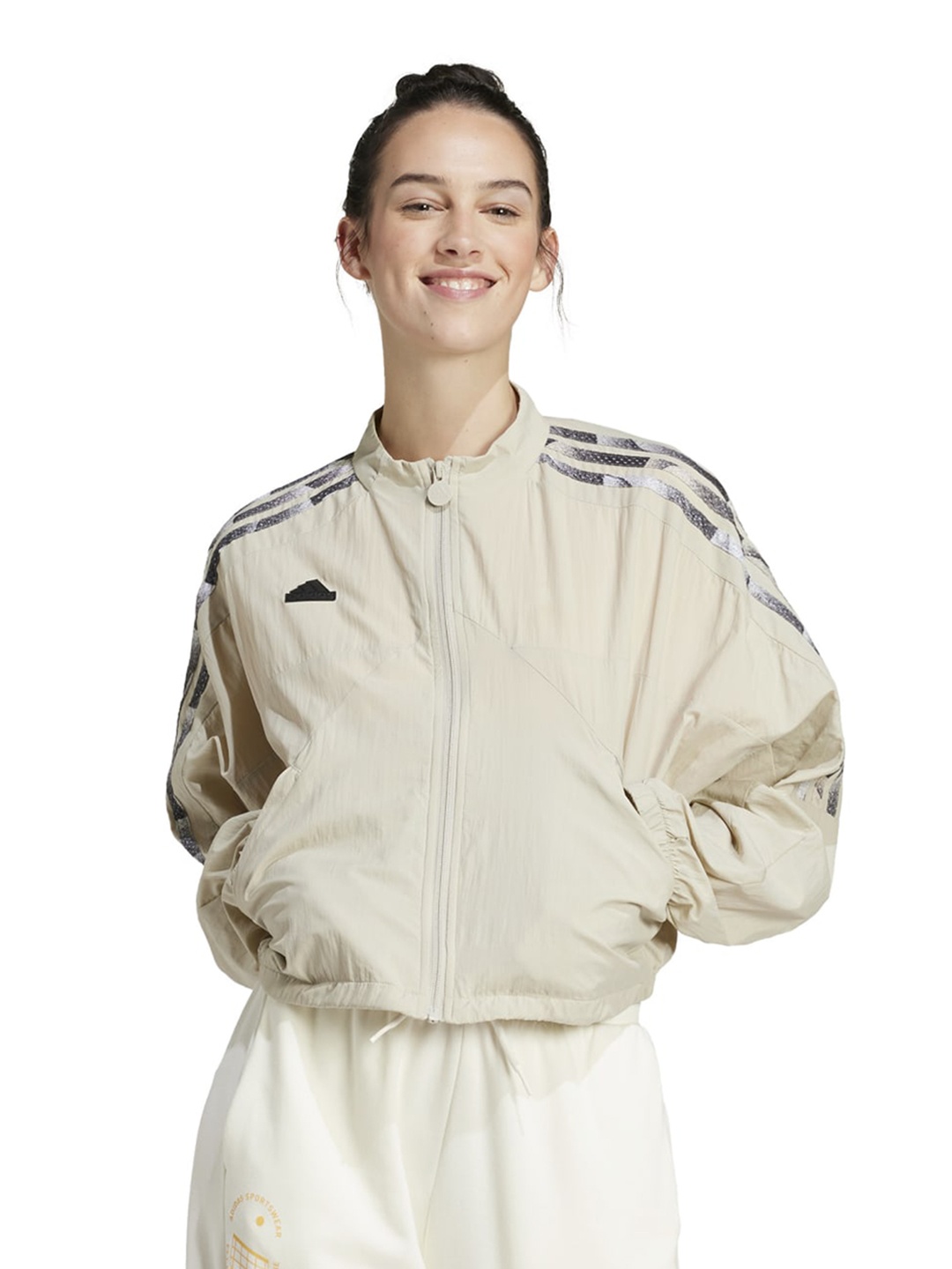 

ADIDAS Women Printed Long Sleeve Mock Collar Jackets, Beige