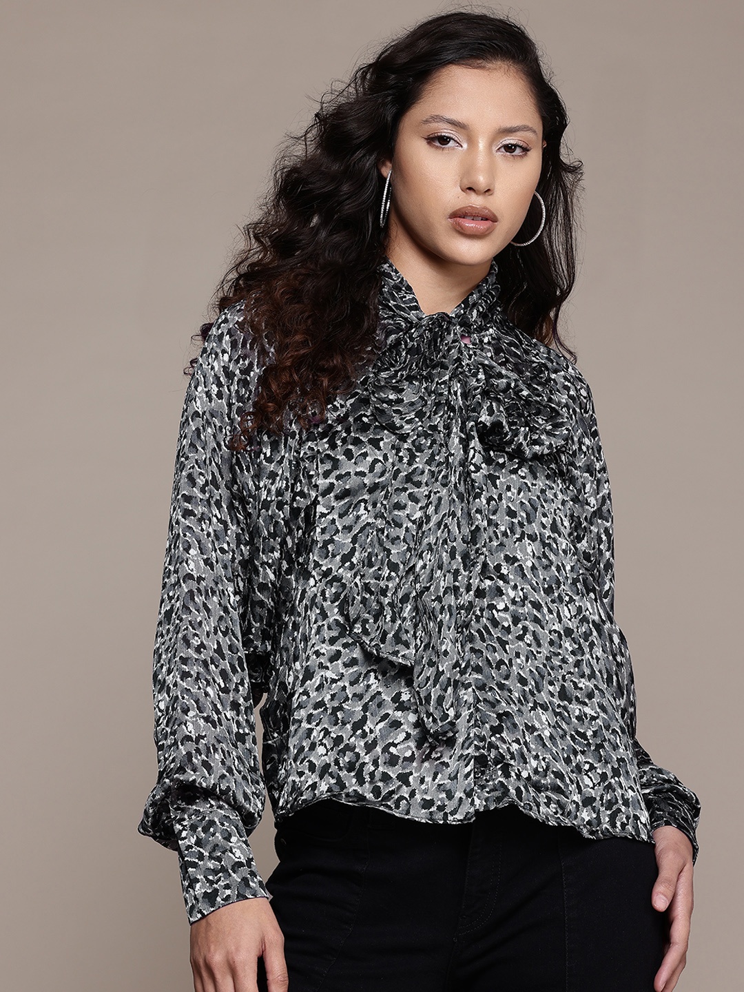 

MANGO Animal Print Tie-Up Neck Shirt, Grey