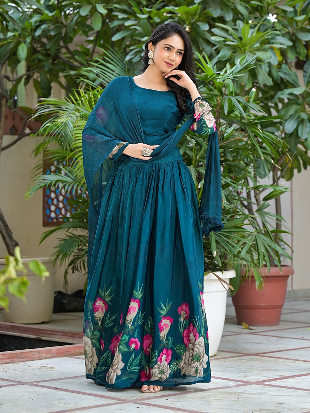 

AKS Floral Printed Ready to Wear Lehenga & Blouse With Dupatta, Navy blue