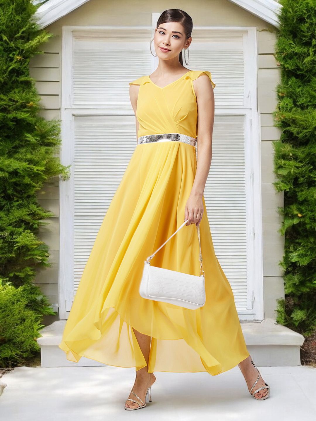 

Miss Chase Women V-Neck Georgette Maxi Dress With Belt, Yellow