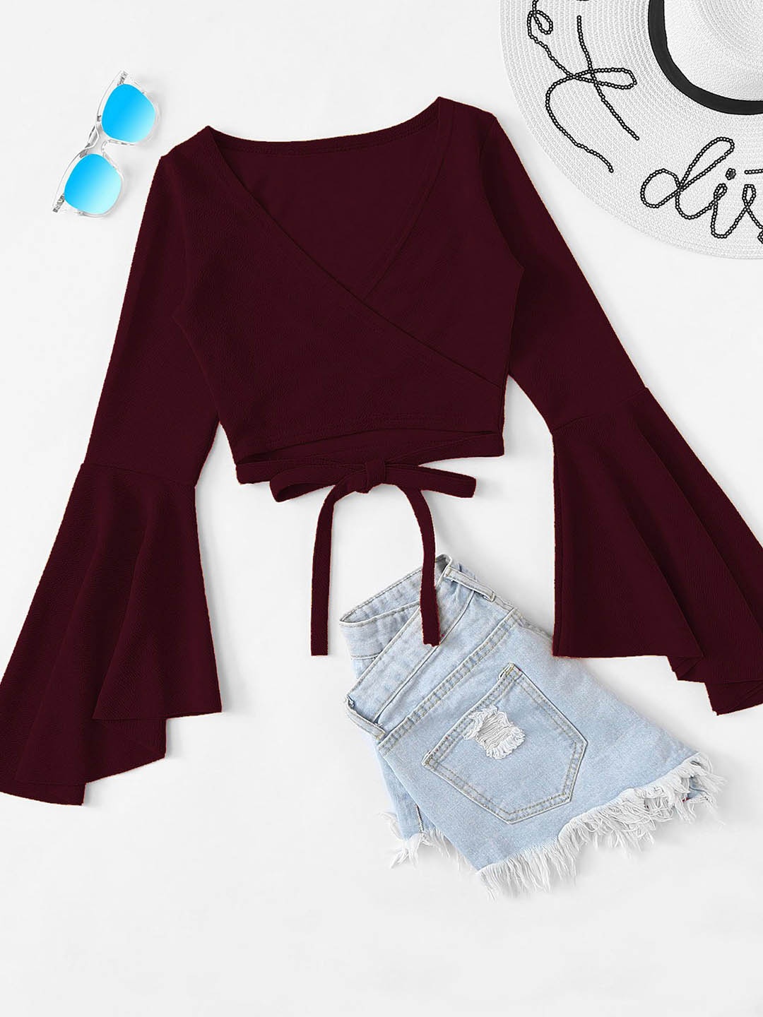 

HERE&NOW Women Bell Sleeve Top, Burgundy