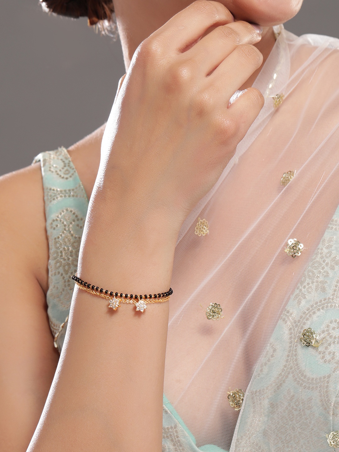 

Rubans 18K Gold-Plated Zirconia Drops with Black & Gold Beaded Mangalsutra Bracelet