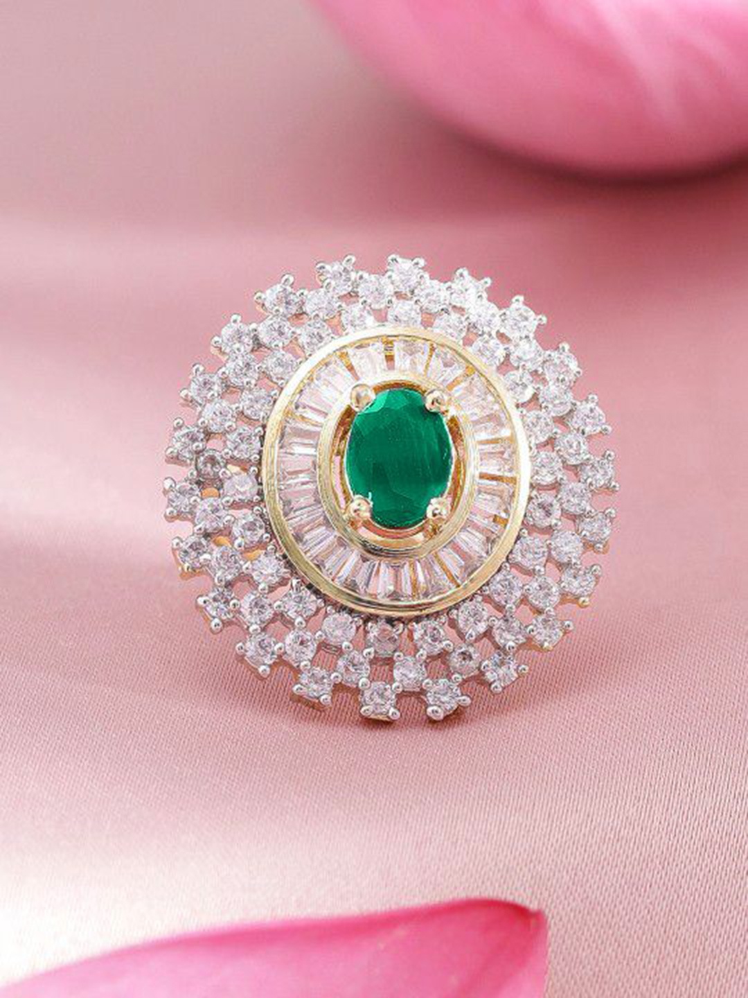 

Rubans Rhodium-Plated Emerald Green & White Zirconia Stone Studded Adjustable Ring, Gold