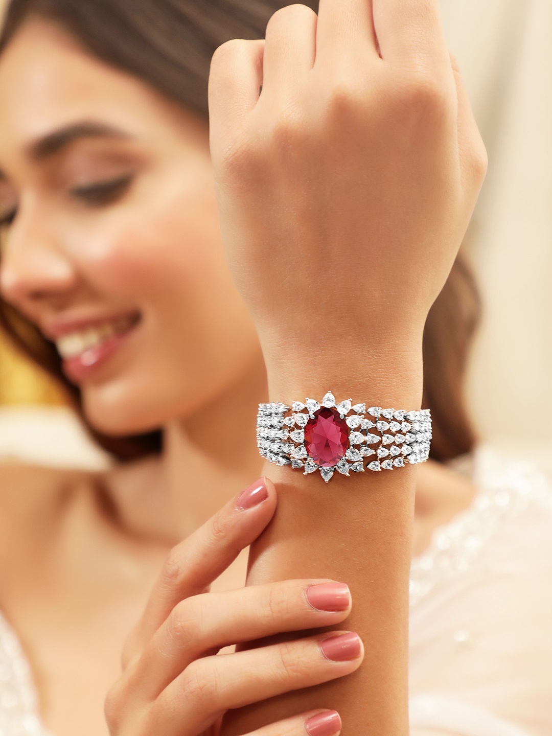 

Rubans Rhodium-Plated Ruby Red & White Cubic Zirconia Bracelet, Silver