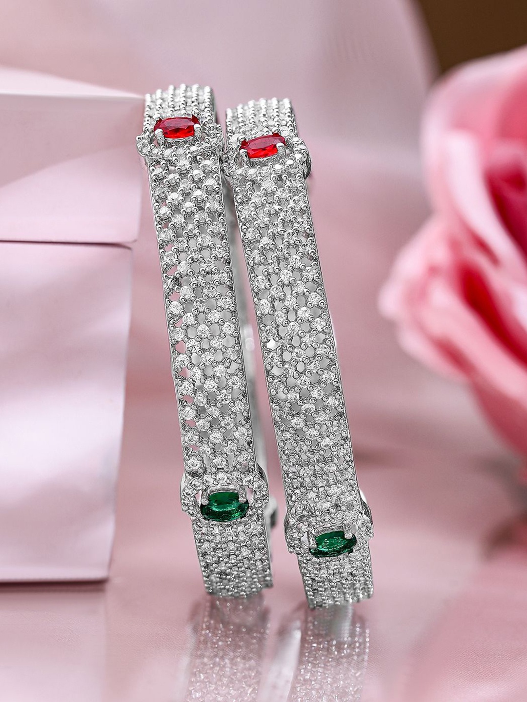 

Rubans Set of 2 Rhodium-Plated Ruby Emerald and Cubic Zirconia Studded Premium Bangles, Silver
