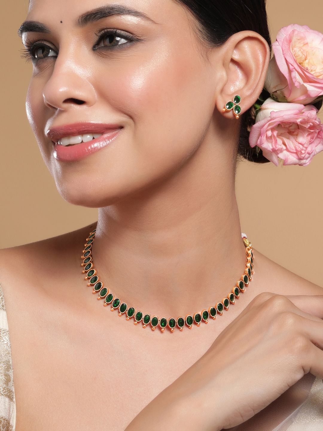 

Rubans 18K Gold-Plated Emerald Studded Traditional Necklace Set