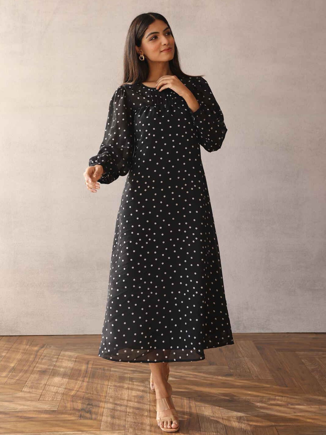 

Polago Clothing Polka Dot Print Puff Sleeve Georgette A-Line Dress, Black