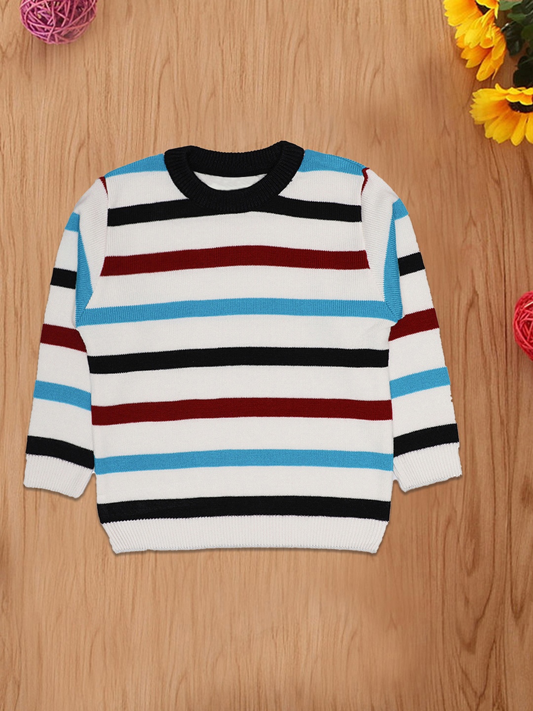 CHKOKKO Boys Striped Woollen Pullover, White