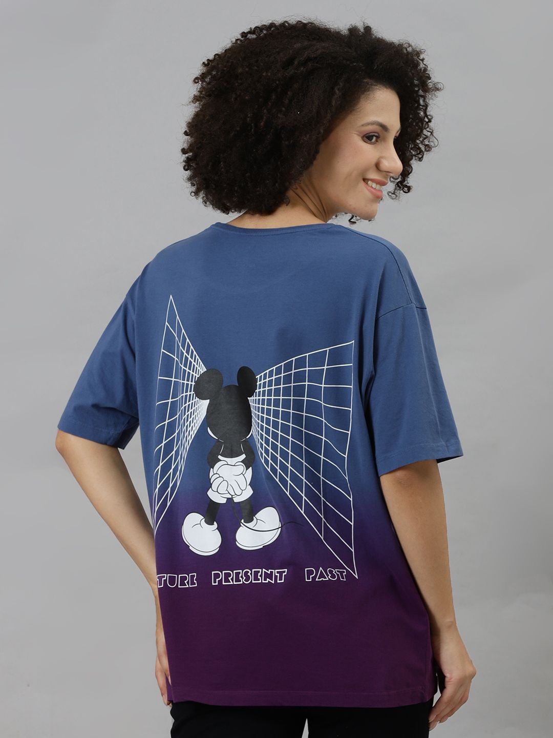 

Free Authority Women Mickey Mouse Graphic Printed Round Neck Cotton Oversized T-shirt, Blue