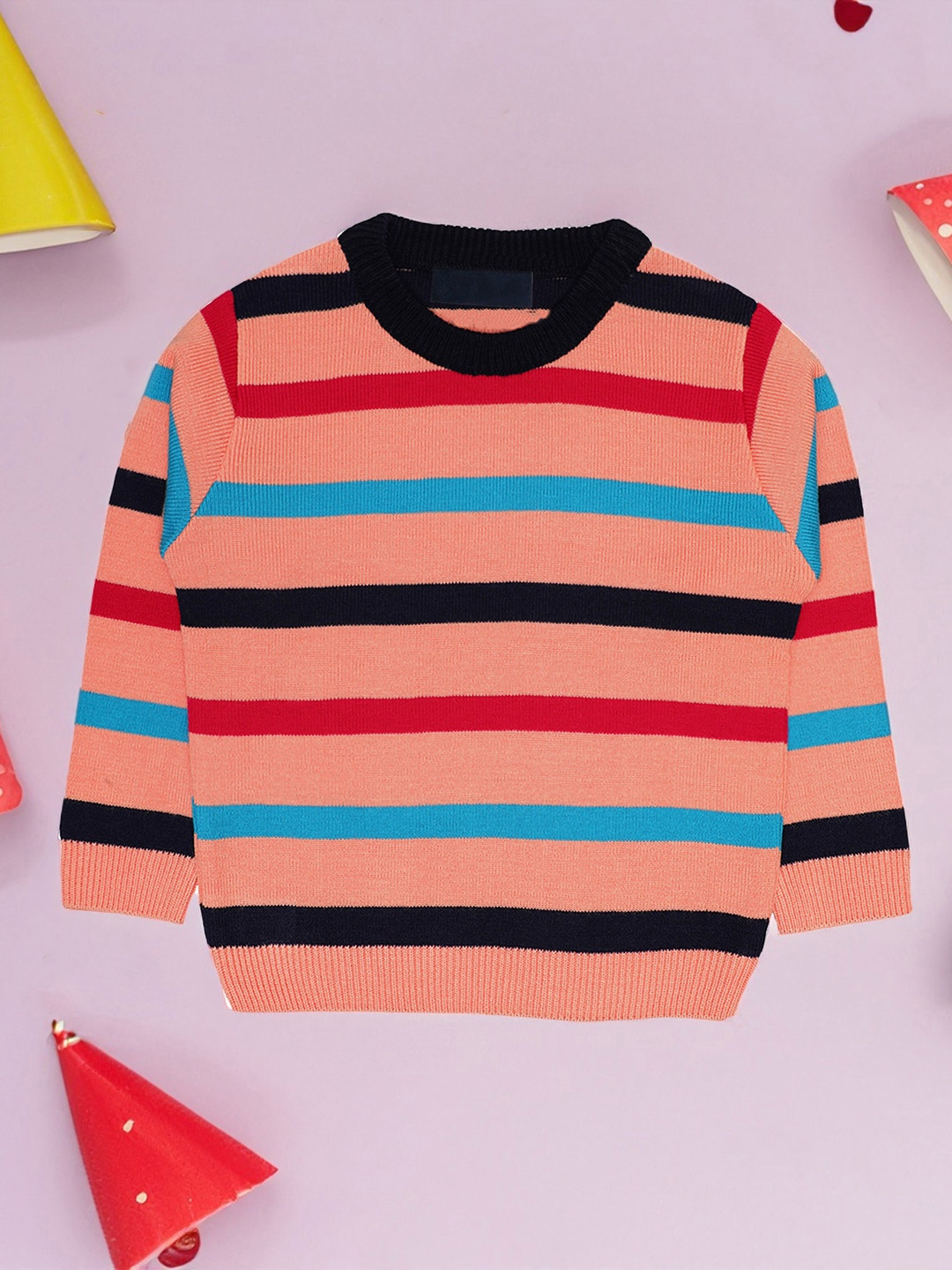 

CHKOKKO Girls Striped Woollen Pullover, Orange