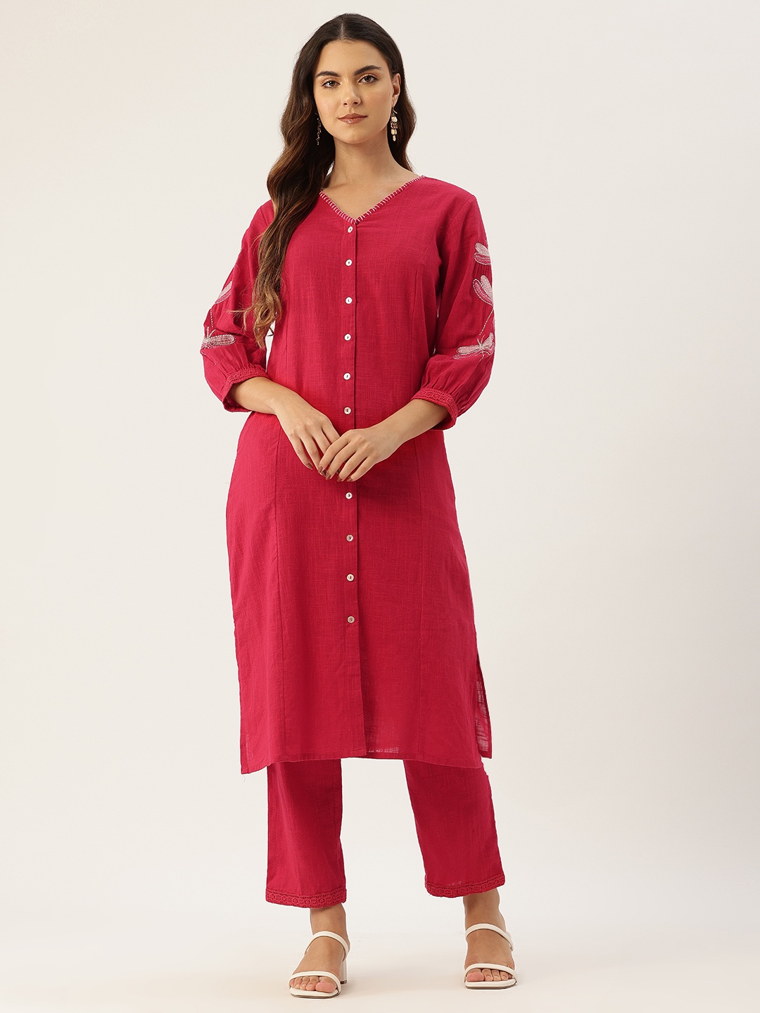 

MISRI Thread Work Pure Cotton Kurta with Trousers, Red