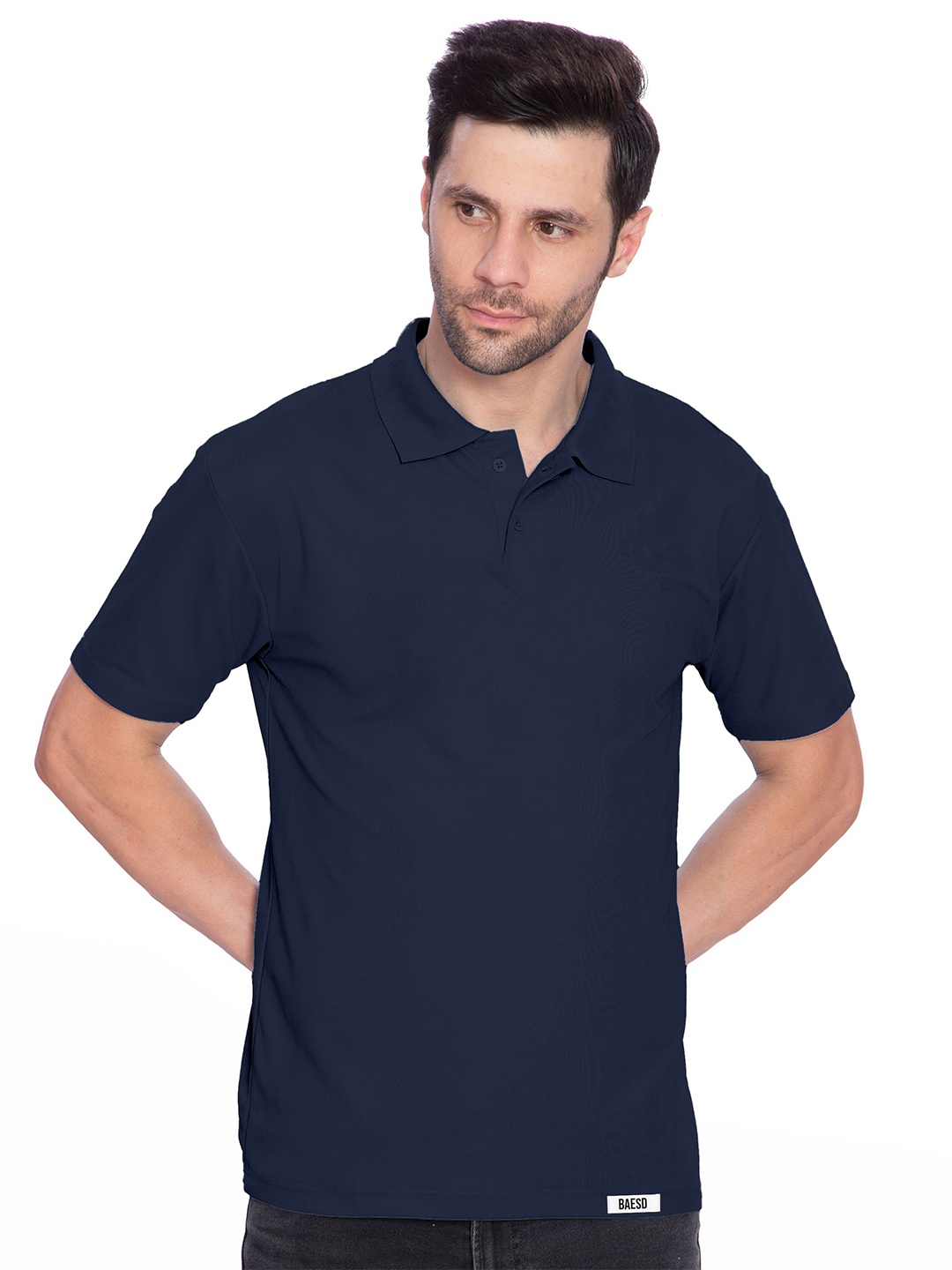 

BAESD Men Solid Polo Collar Cotton T-shirt, Navy blue