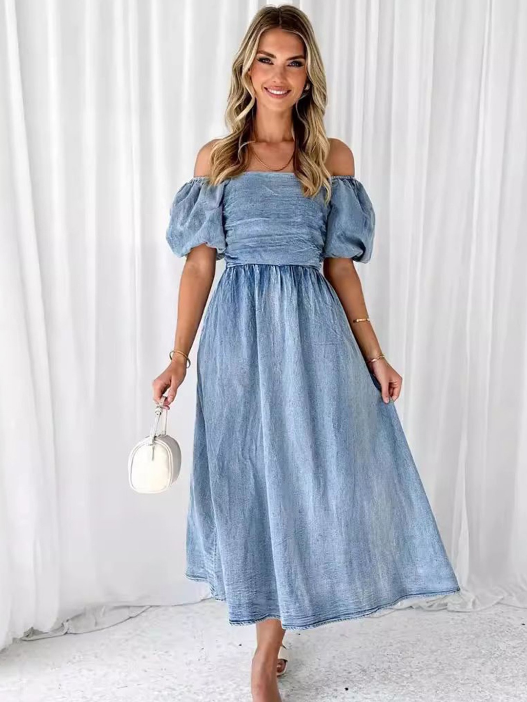 

StyleCast Off-Shoulder Denim A-Line Midi Dress, Blue