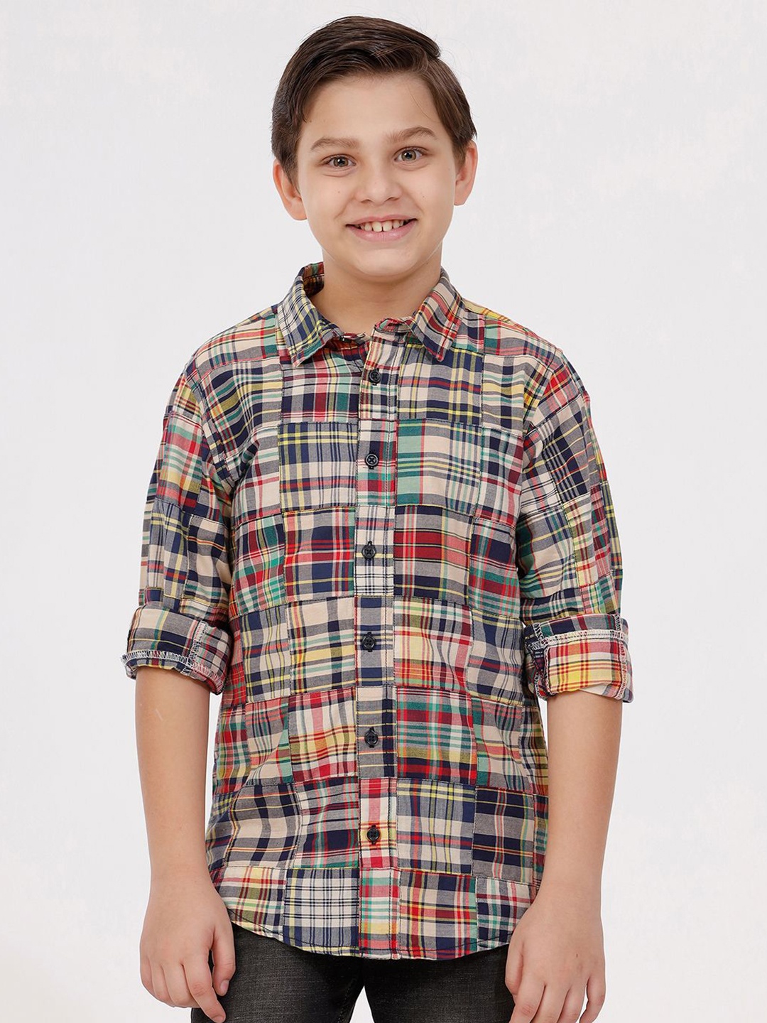 

KATE & OSCAR Boys Cutaway Collar Checked Cotton Casual Shirt, Beige