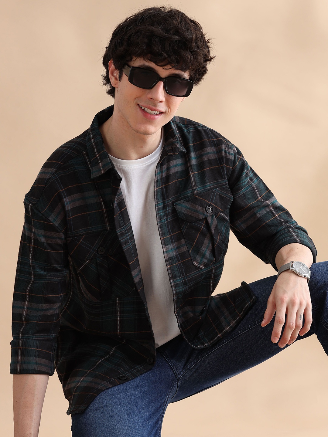 

Bushirt Men Relaxed Spread Collar Checked Cotton Oversized Casual Shirt, Black