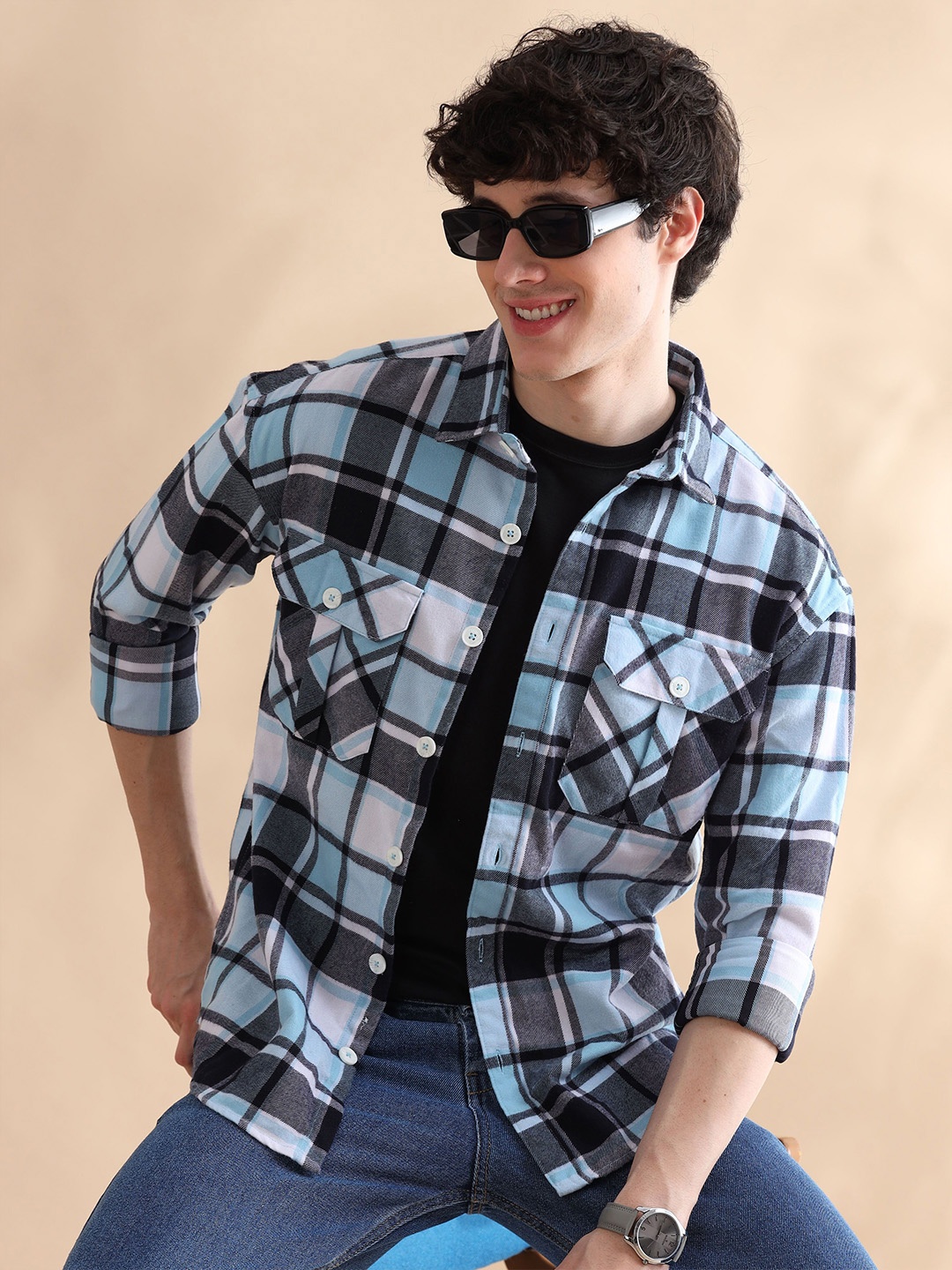 

Bushirt Men Relaxed Spread Collar Checked Cotton Oversized Casual Shirt, Blue