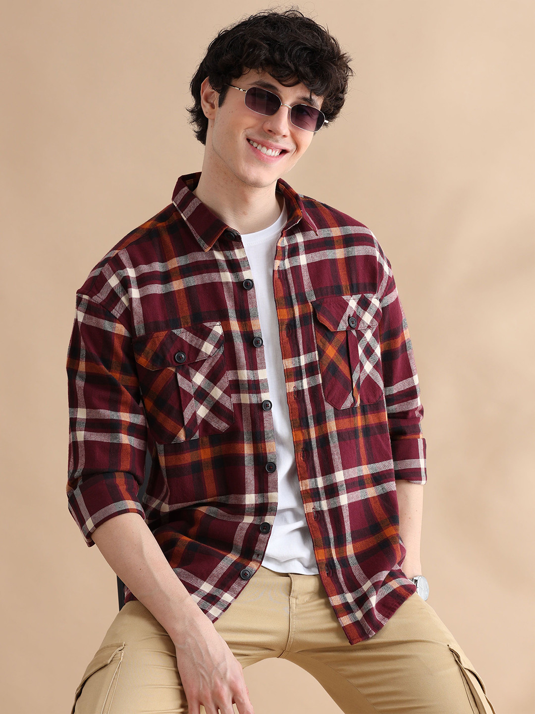 

Bushirt Men Relaxed Spread Collar Checked Cotton Oversized Casual Shirt, Brown