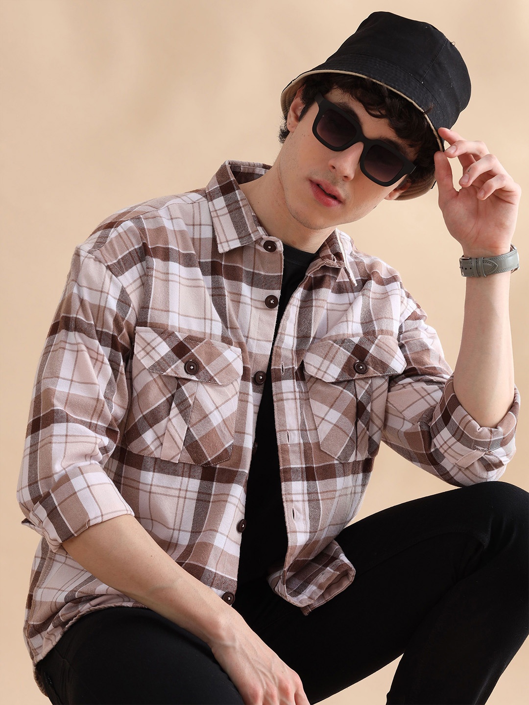 

Bushirt Men Relaxed Spread Collar Checked Cotton Oversized Casual Shirt, Tan