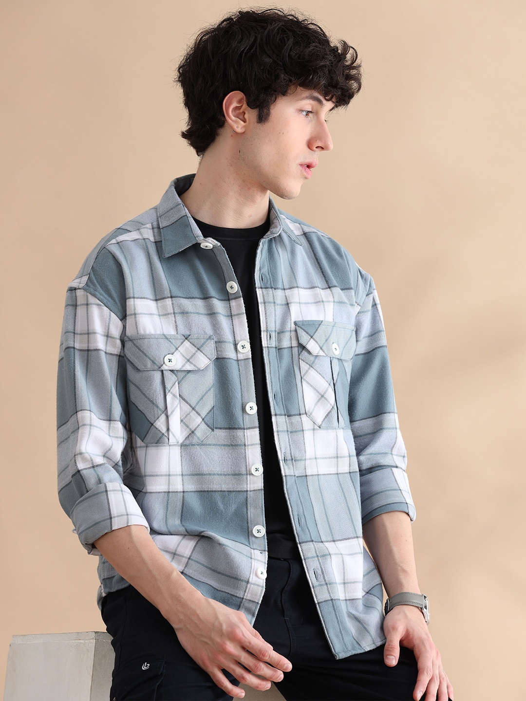 

Bushirt Men Relaxed Spread Collar Checked Cotton Oversized Casual Shirt, Sea green