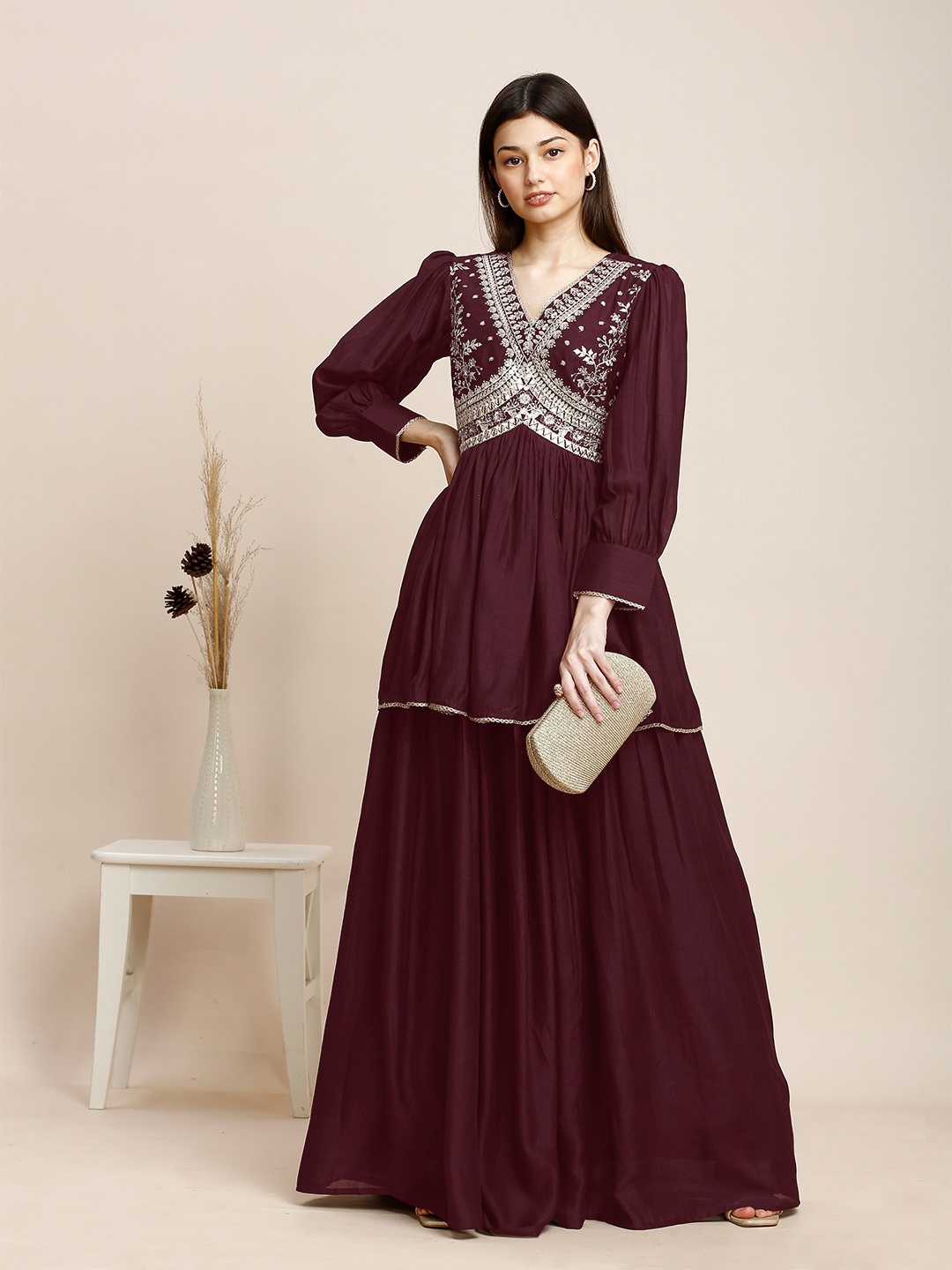 

MADHURAM Puff Sleeve A-Line Maxi Dress, Maroon