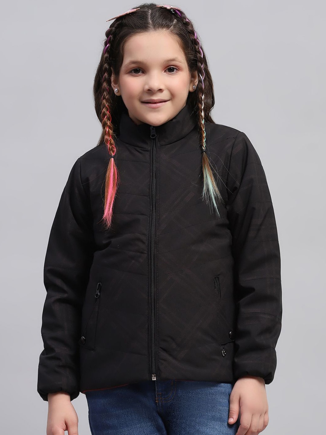 

Monte Carlo Girls Mock Collar Solid Casual Padded Jacket, Black