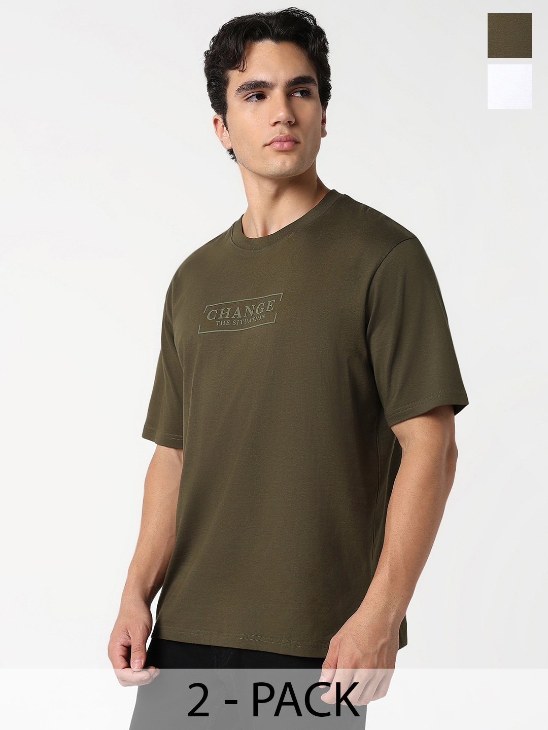 

R&B Men Pack Of 2 Typography Printed Round Neck Cotton T-shirts, Olive