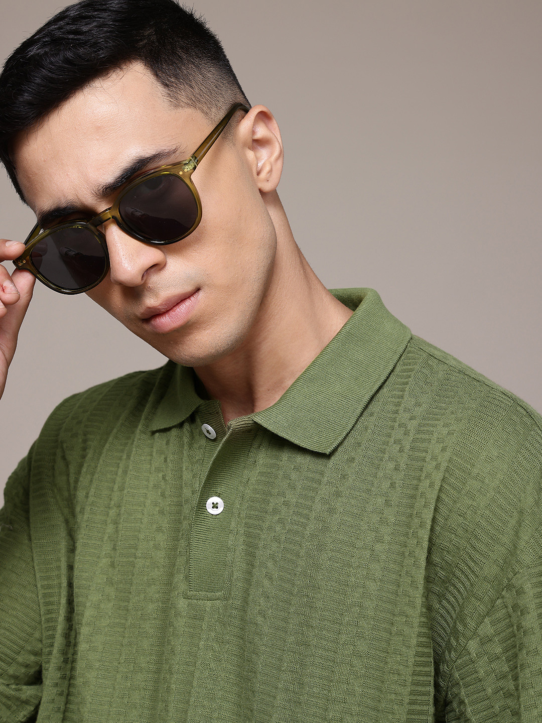 

The Roadster Lifestyle Co. Textured Pure Cotton Polo Collar T-shirt, Green