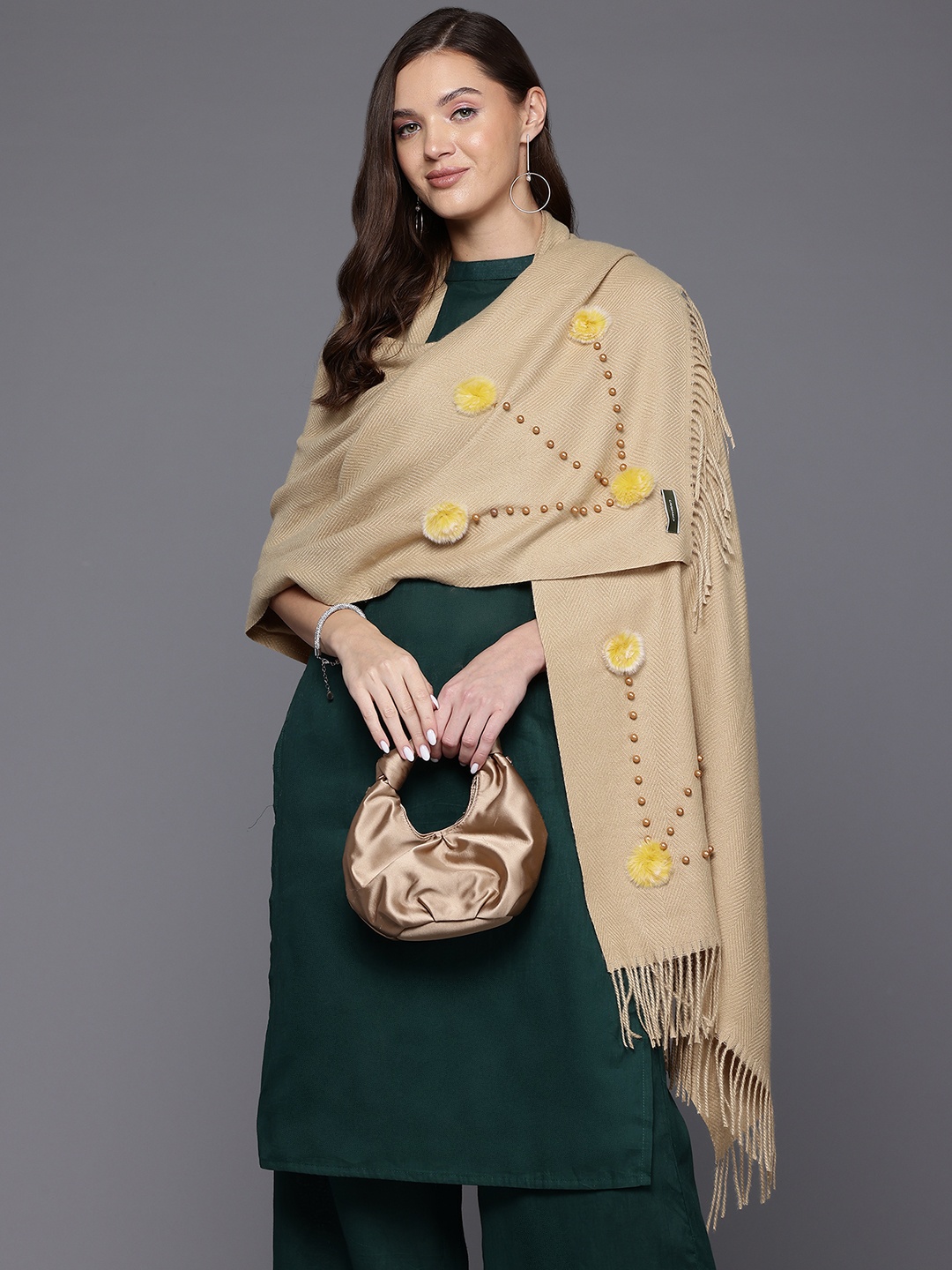 

Cayman Embellished Woollen Stole, Beige