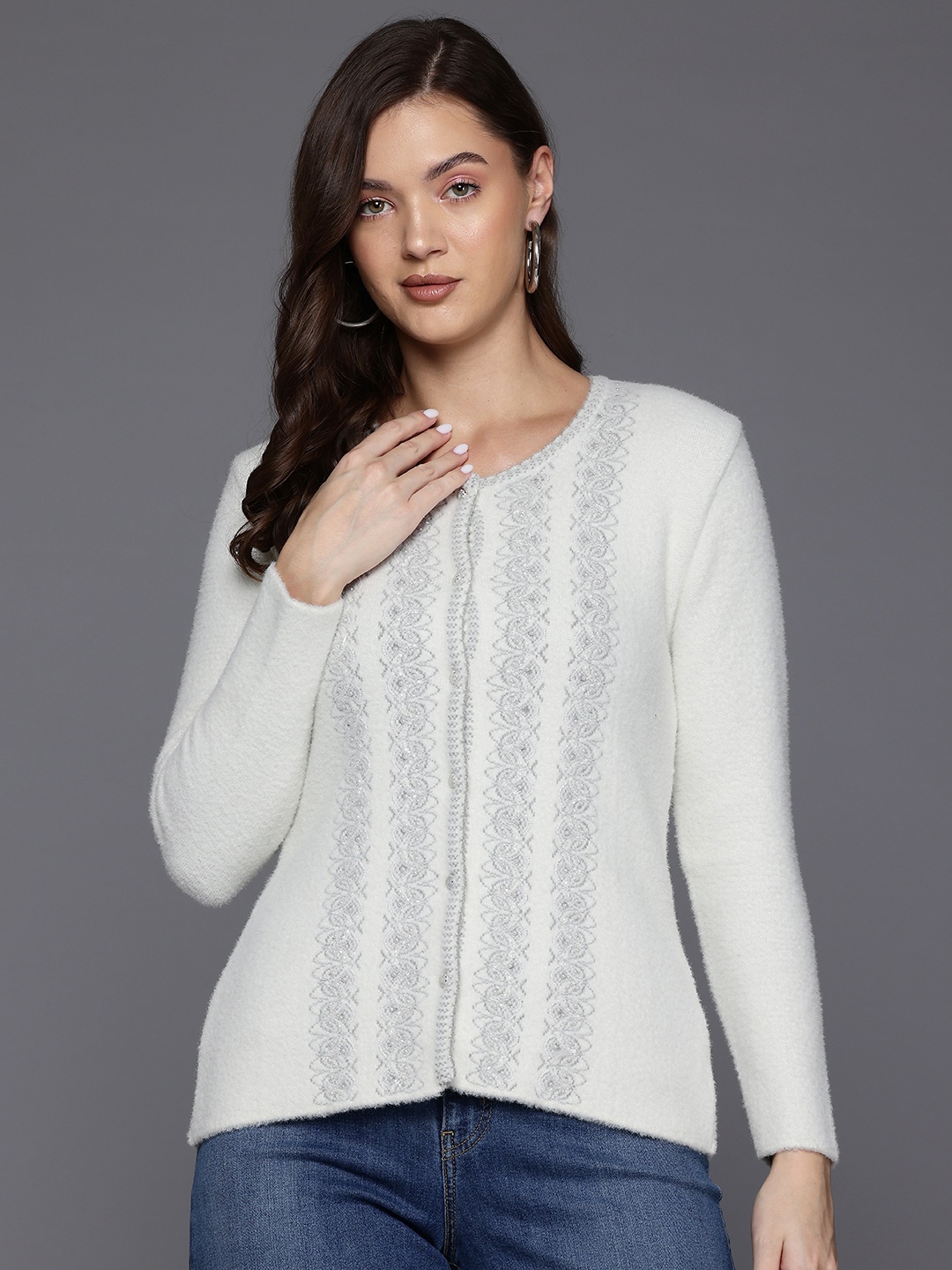 

Cayman Woollen Cardigan with Embellished Detail, White