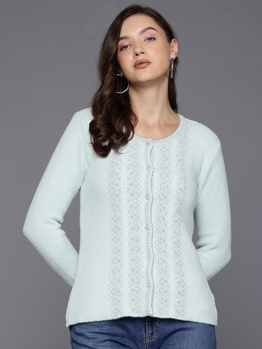 

Cayman Woollen Cardigan with Embellished Detail, Sea green