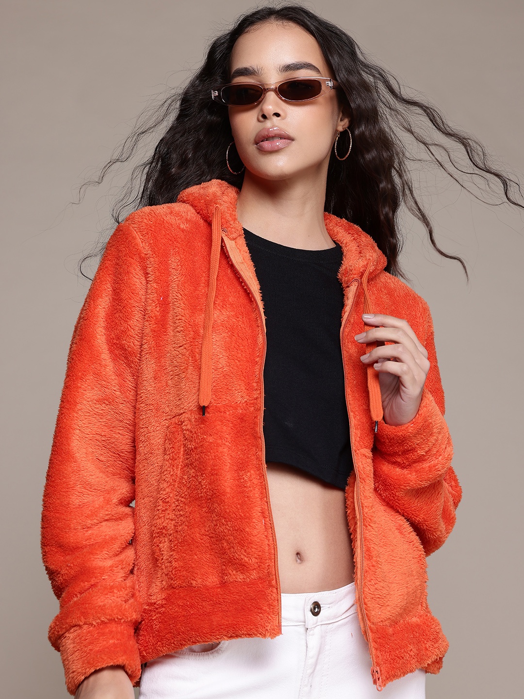 

Roadster Solid Faux Fur Hooded Jacket, Orange