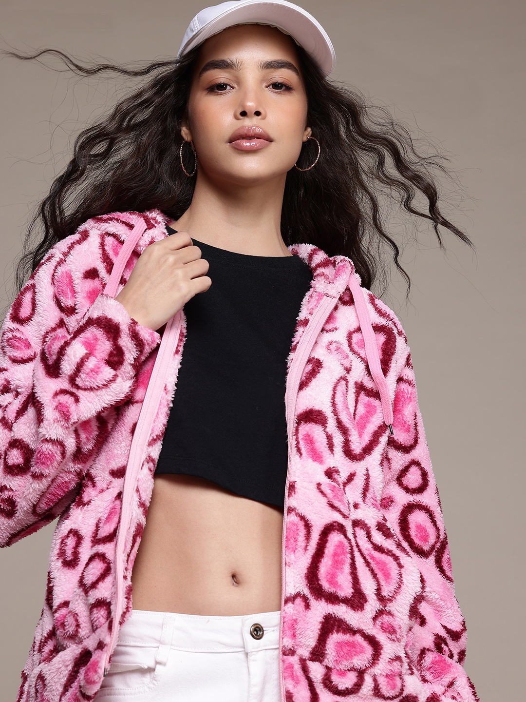 

Roadster Animal Print Faux Fur Hooded Jacket, Pink