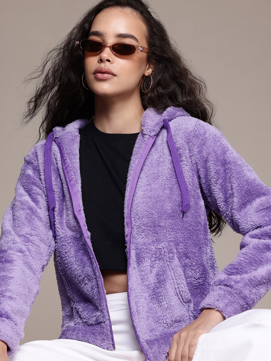 

Roadster Solid Faux Fur Hooded Jacket, Purple