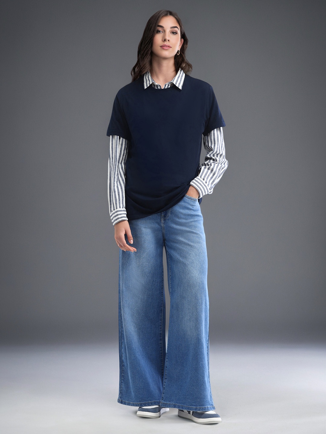 Flying Machine Women Wide Leg High-Rise Light Fade Stretchable Jeans, Blue