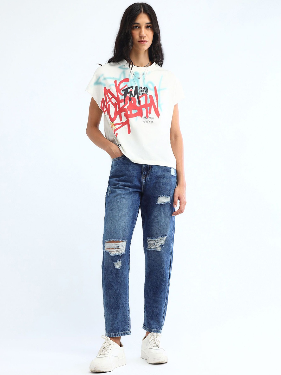 

Flying Machine Women High-Rise Highly Distressed Light Fade Jeans, Blue