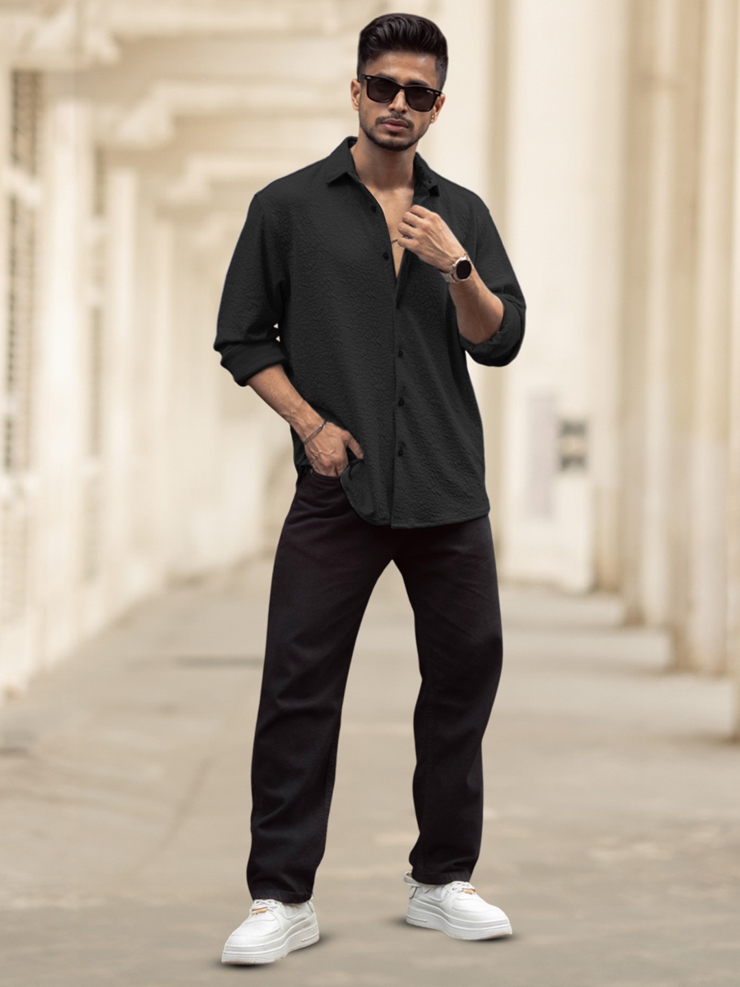 

Powerlook Men Spread Collar Textured Relaxed Fit Casual Shirt, Black